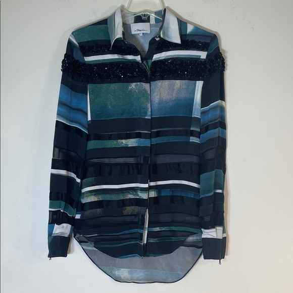 3.1 Phillip Lim 0 Pure Silk Sequined Multicolor Striped Button Down Shirt. - Picture 1 of 13